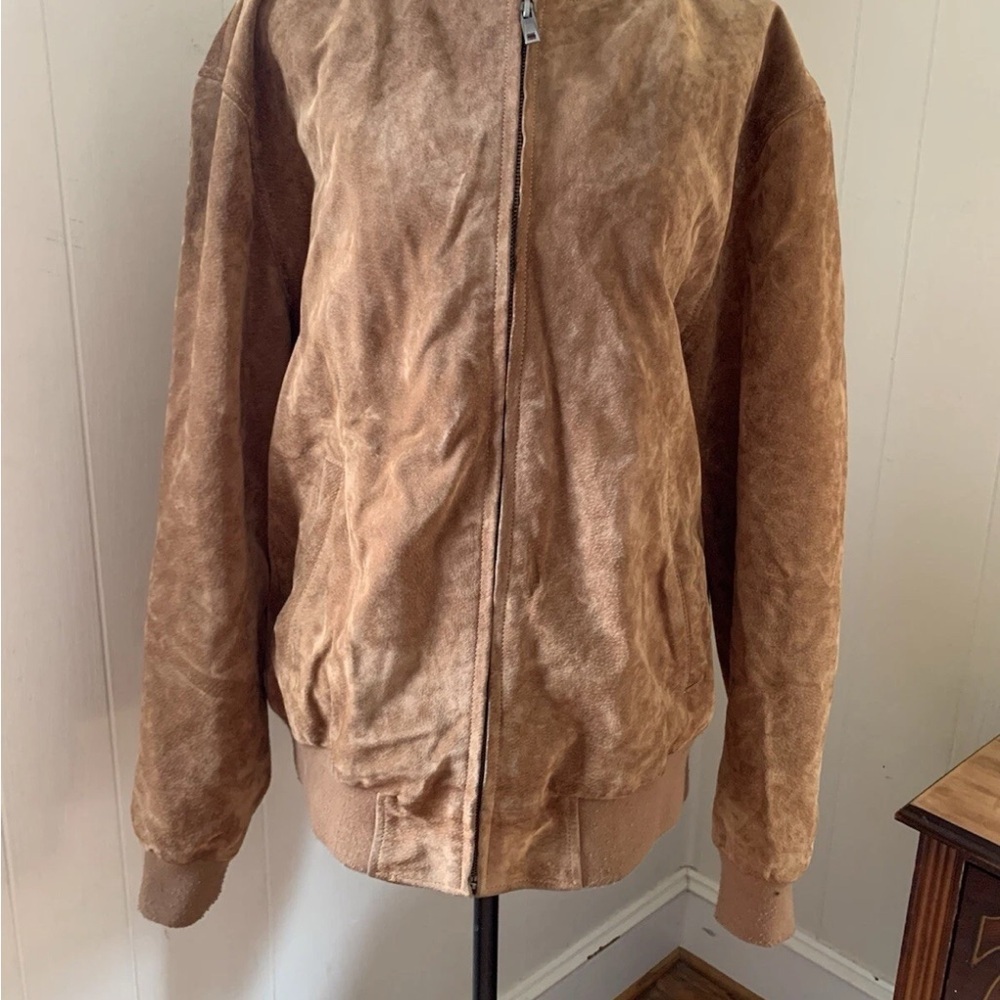 Men's Tan Leather Bomber Jacket Size Large